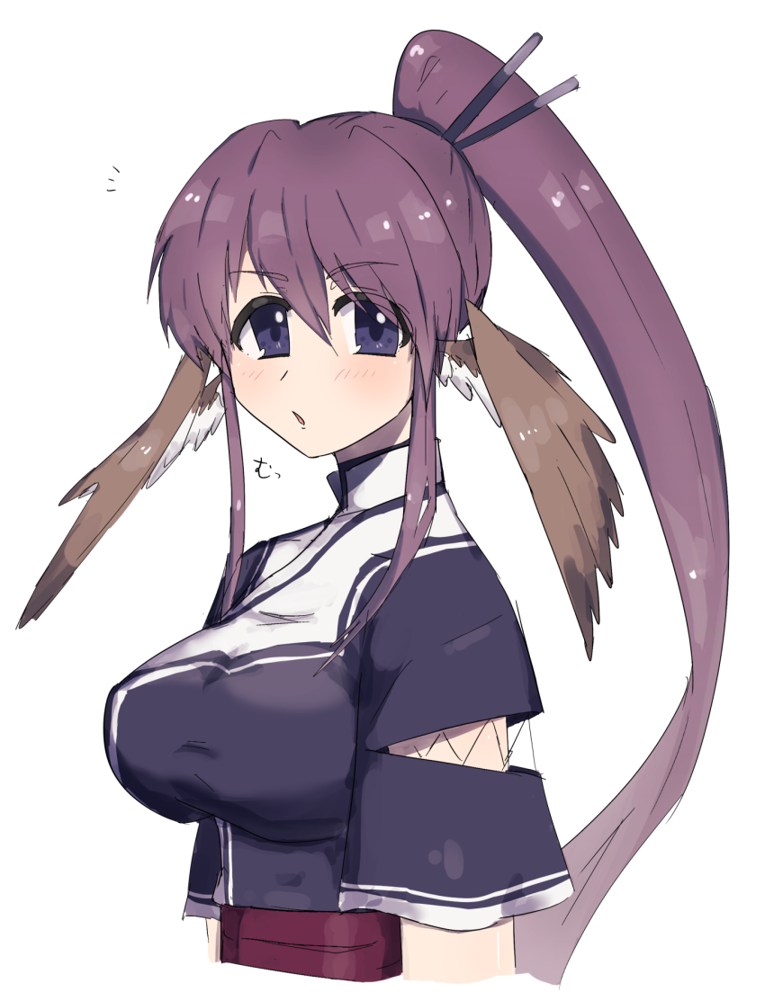 1girl, absurdly_long_hair, ainu_clothes, animal_ears, aquaplus, blue_eyes, blush, breasts, from_side, hair_between_eyes, hair_ornament, high_ponytail, highres, imawanaki, large_breasts, long_hair, looking_at_viewer, open_mouth, ponytail, purple_hair, raised_eyebrows, red_sash, sash, see-through_clothes, see-through_sleeves, short_sleeves, sidelocks, solo, touka_(utawarerumono), upper_body, utawarerumono, very_long_hair