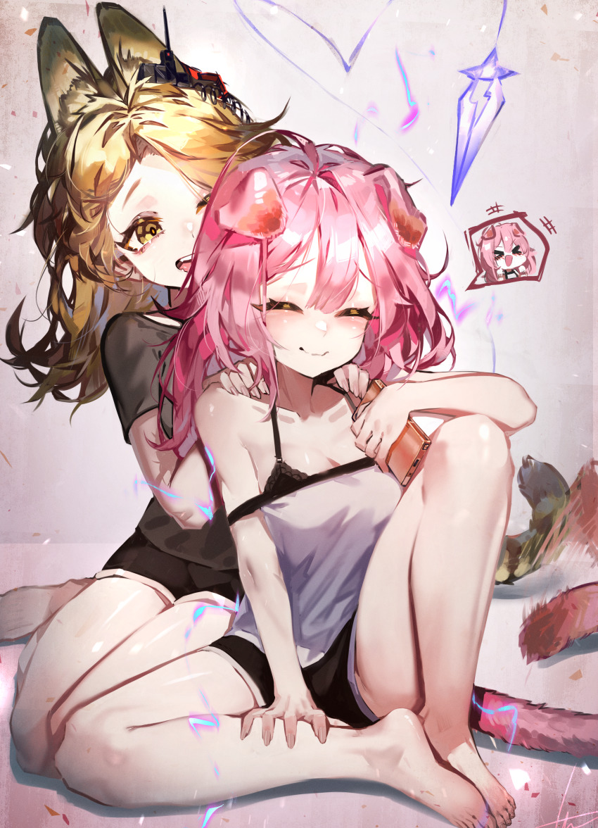 >_<, +++, 2girls, :d, ^_^, absurdres, animal_ears, arknights