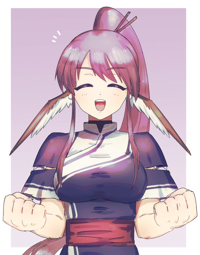 1girl, absurdly_long_hair, ainu_clothes, animal_ears, aquaplus, arms_up, breasts, clenched_hands, closed_eyes, dress, high_ponytail, highres, imawanaki, large_breasts, long_hair, open_mouth, ponytail, purple_hair, raised_eyebrows, see-through_clothes, see-through_sleeves, short_sleeves, sidelocks, solo, taut_clothes, teeth, tongue, touka_(utawarerumono), upper_body, utawarerumono, very_long_hair