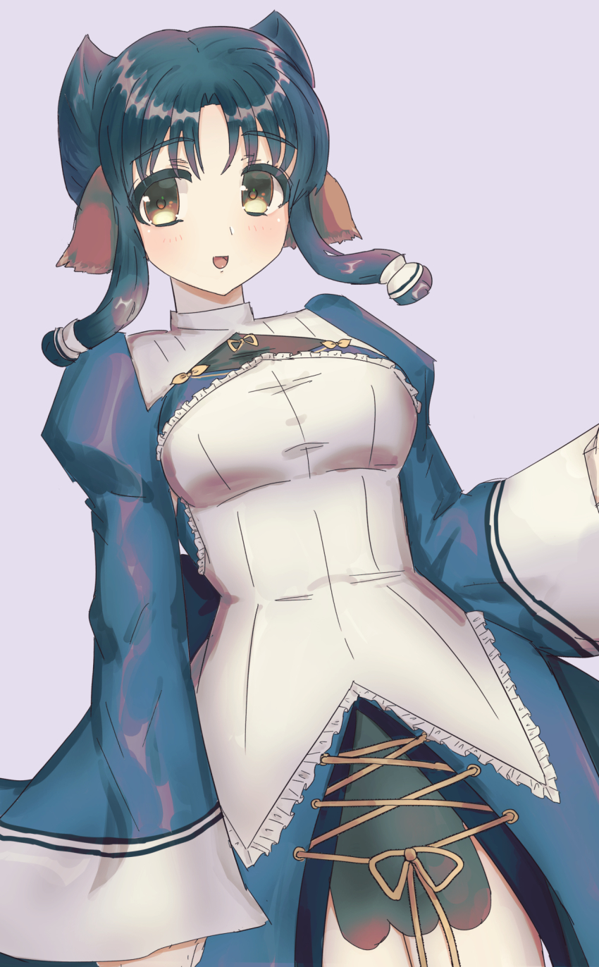 1girl, animal_ears, aquaplus, arm_up, atuy, blue_hair, blush, breasts