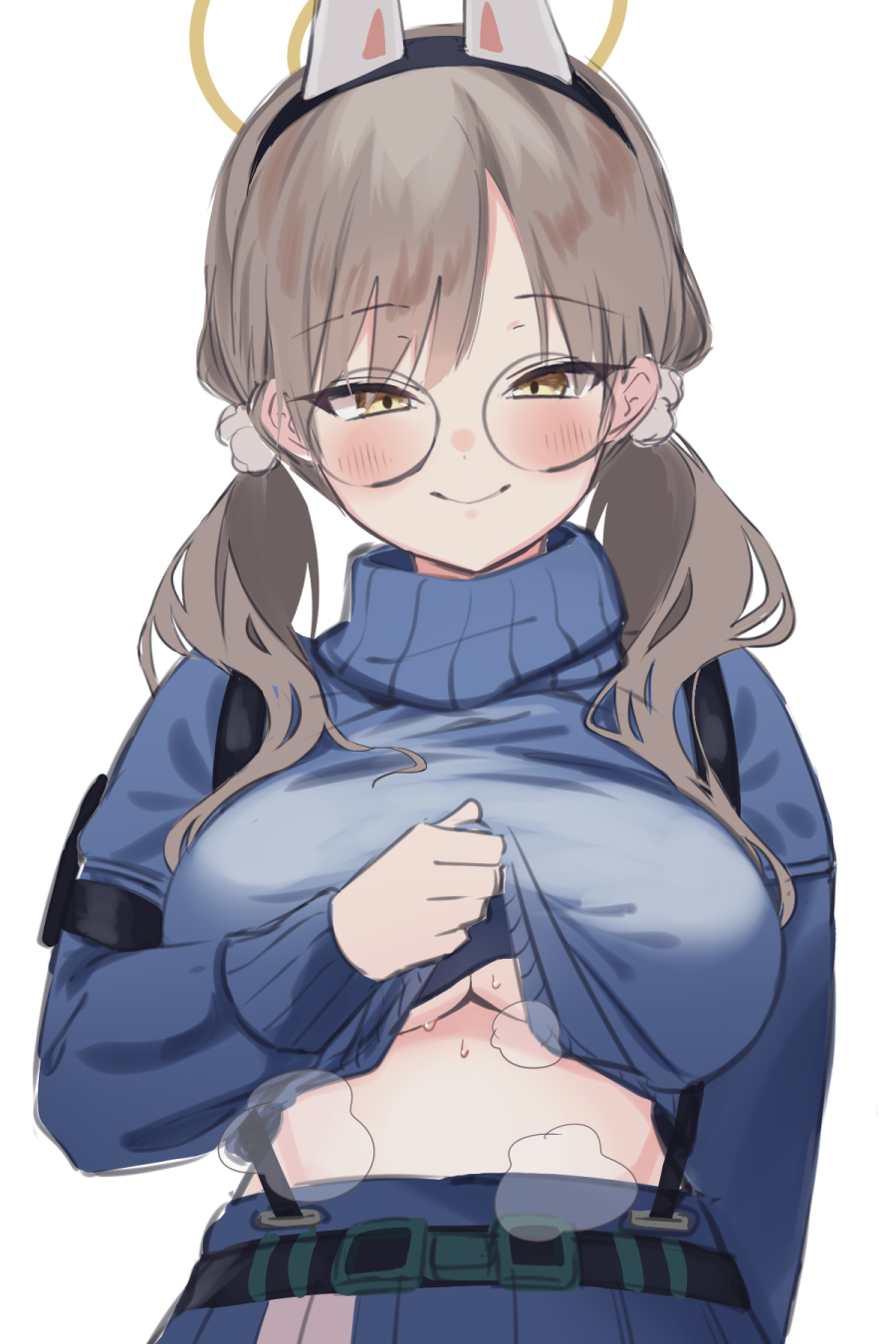 1girl, animal_ears, blue_archive, blue_sweater, breasts, brown_eyes, brown_hair, closed_mouth