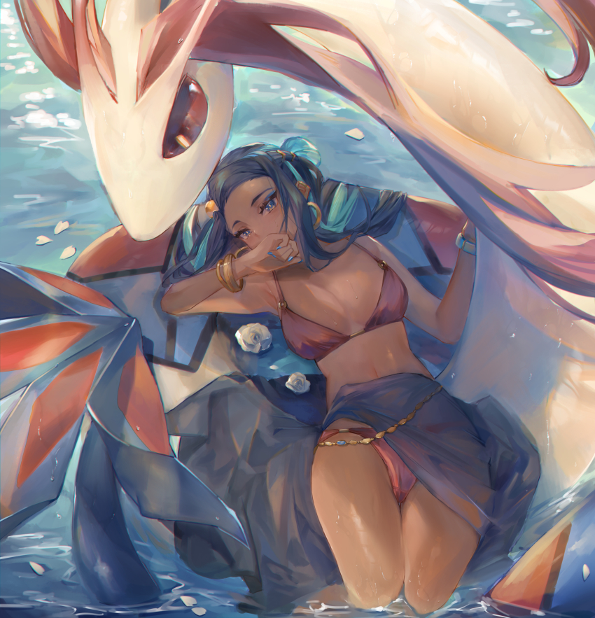 1girl, absurdres, bare_shoulders, belly_chain, bikini, black_hair, blue_eyes, blue_eyeshadow