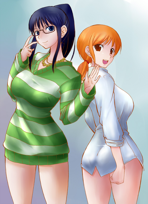 2girls, ass, black_hair, blouse, blue_eyes, blunt_bangs, bottomless, breasts, brown_eyes, collared_shirt, curvy, dress, dress_shirt, female_focus, fujimaru_arikui, glasses, gradient_background, hands_up, jewelry, long_hair, long_sleeves, looking_at_viewer, looking_back, multiple_girls, nami_(one_piece), necklace, nico_robin, no_pants, one_piece, one_piece:_strong_world, open_mouth, orange_hair, ponytail, semi-rimless_eyewear, shirt, short_dress, short_hair, sleeves_rolled_up, smile, striped_clothes, striped_dress, striped_shirt, striped_sweater, sweater, sweater_dress, twintails, under-rim_eyewear, white_shirt, wide_hips