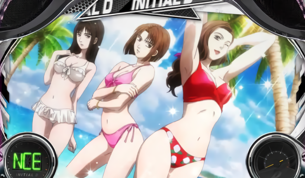 3girls, armpits, bare_legs, belly, bikini, breasts, cleavage, frilled_bikini, frills, huge_breasts, initial_d, lowleg, lowleg_bikini, medium_breasts, mogi_natsuki, multiple_girls, navel, official_art, pink_bikini, red_bikini, satou_mako, sayuki_(initial_d), shin_gekijouban_initial_d, swimsuit, white_bikini