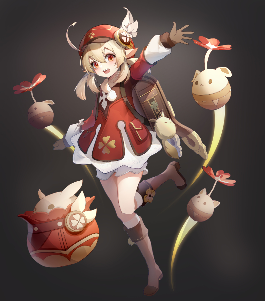 1girl, :d, absurdres, ahoge, arm_up, backpack, bag, bag_charm