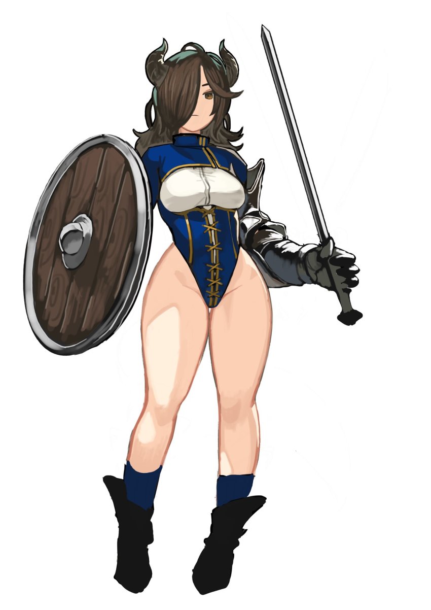 1girl, black_footwear, black_horns, blue_leotard, blue_socks, brown_eyes, brown_hair, cleavage_cutout