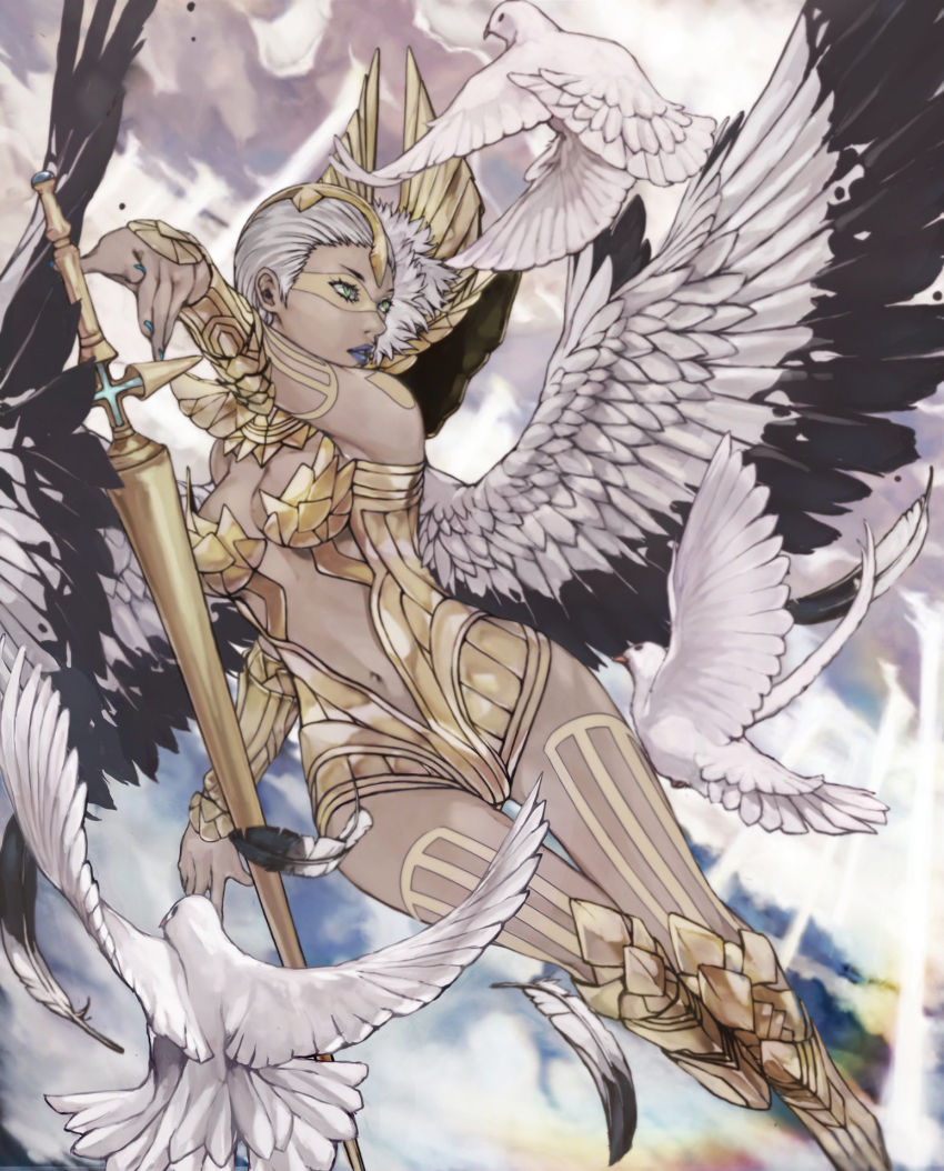 1girl, abdiel_(megami_tensei), angel, angel_wings, bird, breasts, cleavage, dark-skinned_female, dark_skin, demon_(megami_tensei), dove, feathered_wings, female_focus, green_eyes, grey_hair, highres, long_hair, multicolored_wings, navel, nyami, shin_megami_tensei, shin_megami_tensei_v, short_hair, solo, wings