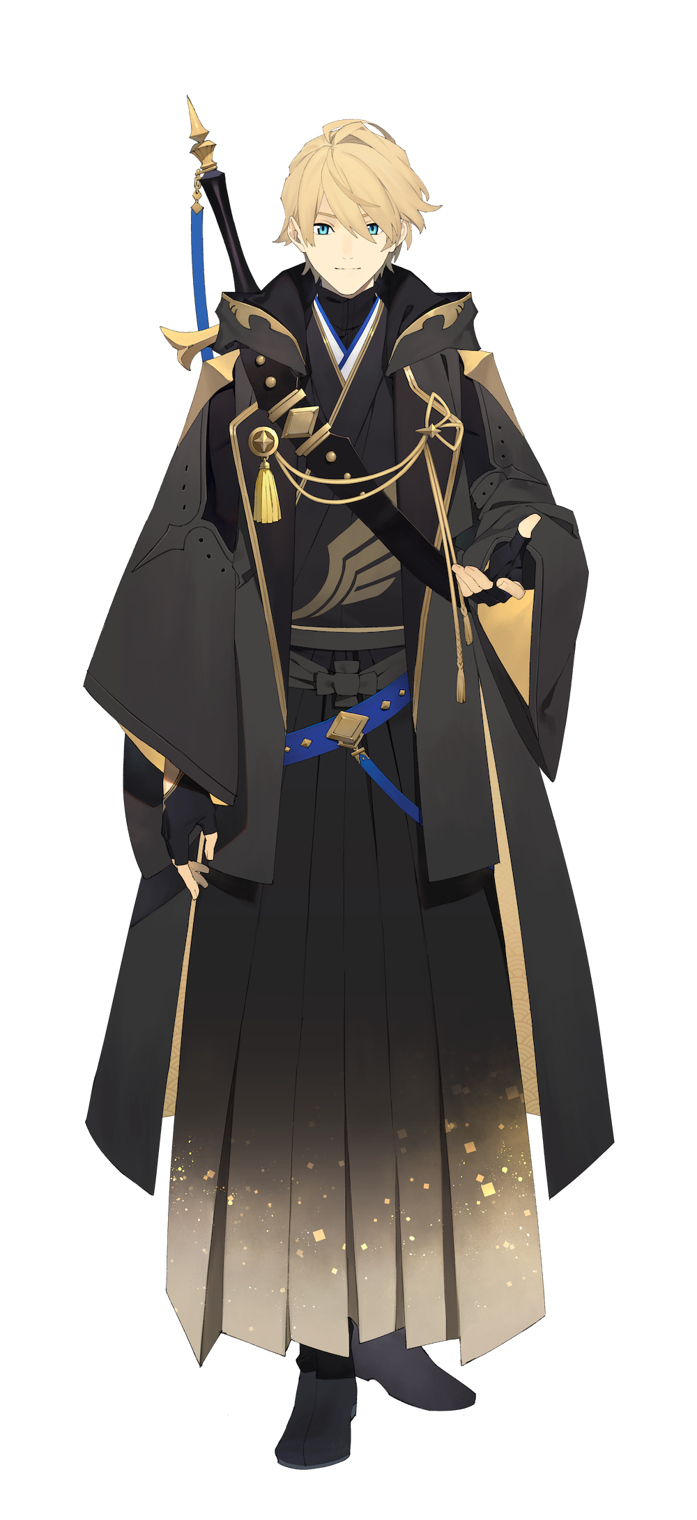 1boy, beckoning, belt, belt_buckle, black_belt, black_footwear, black_gloves, black_hakama