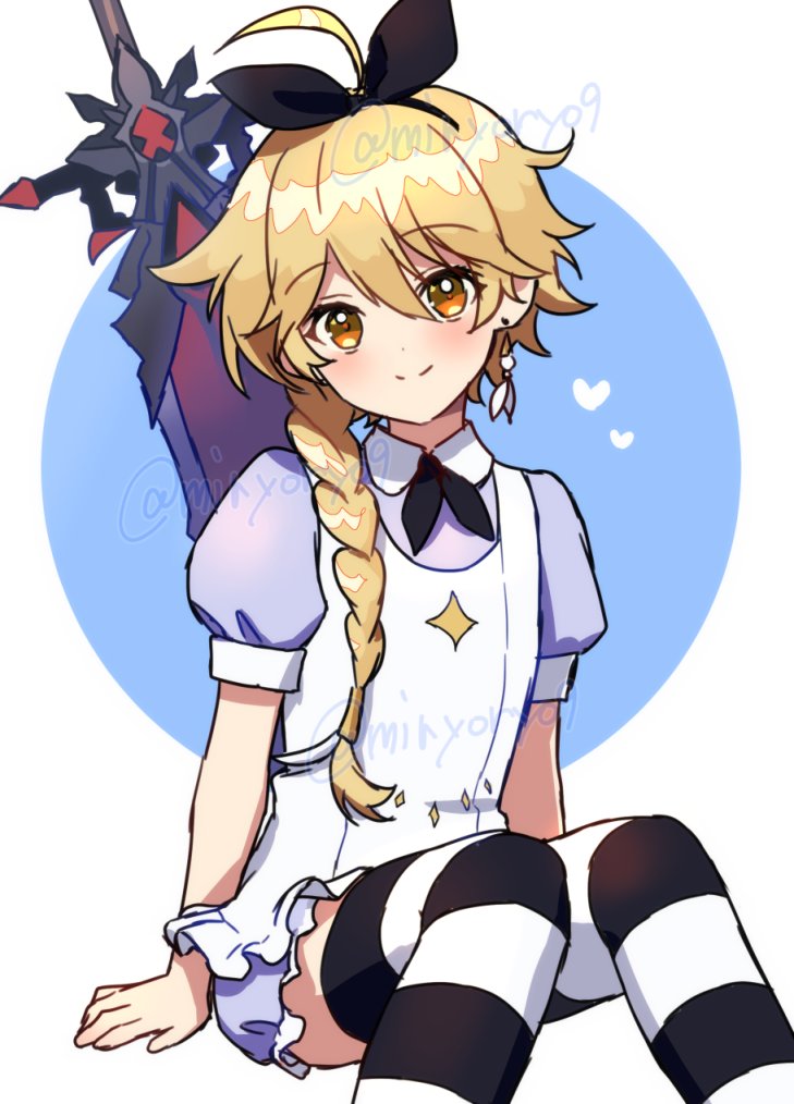 1boy, aether_(genshin_impact), ahoge, blonde_hair, blush, braid, breasts, claymore_(sword)