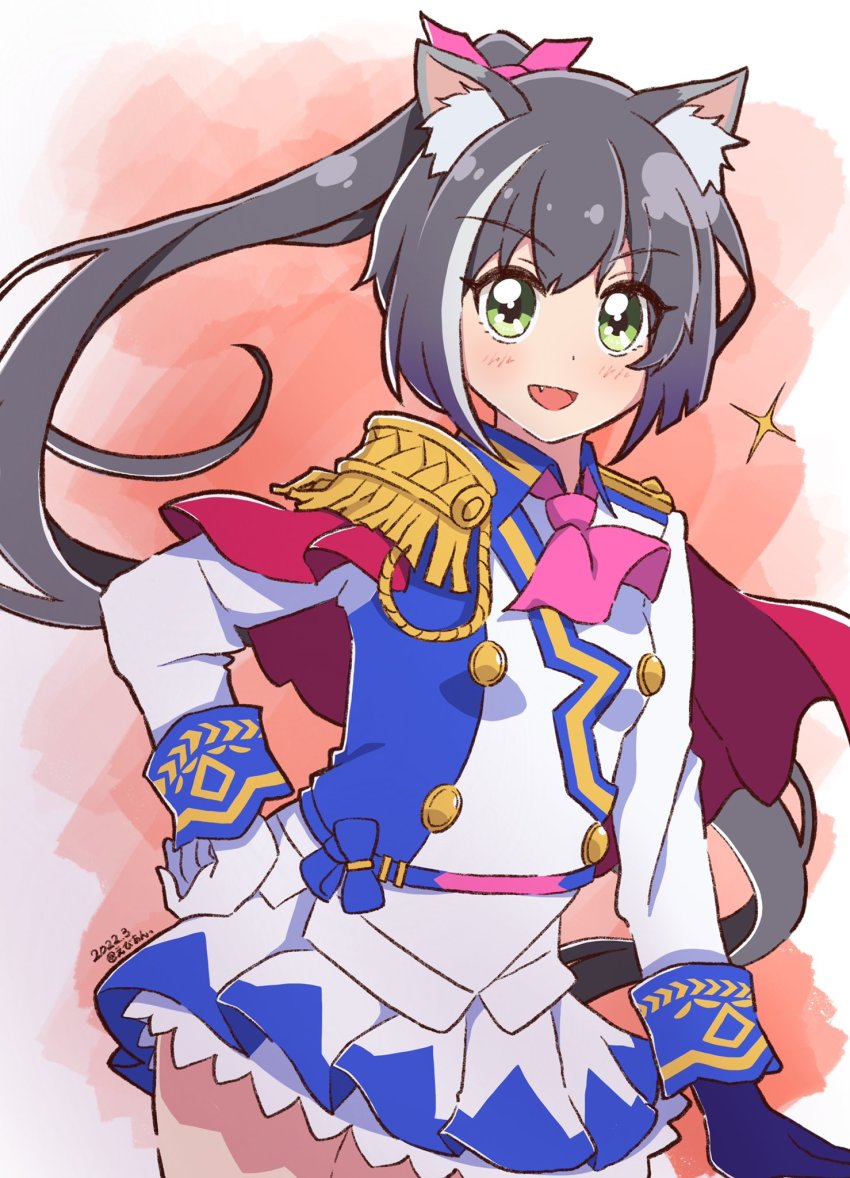 1girl, animal_ear_fluff, animal_ears, ascot, asymmetrical_gloves, black_hair, blue_gloves, blush, breasts, buttons, commentary_request, company_connection, cosplay, cowboy_shot, dated, double-breasted, ebian_(ebiangames), epaulettes, fang, gloves, green_eyes, hand_on_own_hip, highres, jacket, karyl_(princess_connect!), long_hair, long_sleeves, looking_at_viewer, miniskirt, mismatched_gloves, multicolored_hair, open_mouth, petticoat, pink_ascot, ponytail, princess_connect!, single_epaulette, skirt, small_breasts, smile, solo, sparkle, streaked_hair, tokai_teio_(peak_joy)_(umamusume), tokai_teio_(umamusume), tokai_teio_(umamusume)_(cosplay), twitter_username, umamusume, very_long_hair, white_gloves, white_jacket, white_skirt