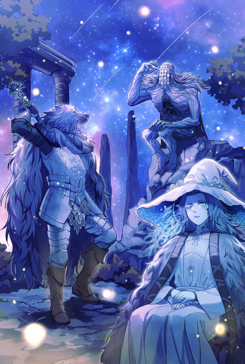 1girl, 2boys, animal_head, armor, blaidd_the_half-wolf, blue_eyes, blue_hair, blue_lips, blue_skin, blue_theme, boots, brown_footwear, cape, cloak, closed_mouth, colored_skin, commentary_request, cracked_skin, elden_ring, extra_arms, extra_faces, facial_tattoo, fur_cape, fur_cloak, furry, furry_male, gauntlets, giant, giant_male, glowing, glowing_tattoo, greatsword, hat, highres, holding, holding_behind_back, holding_sword, holding_sword_behind_back, holding_weapon, holding_weapon_behind_back, light_particles, lips, long_hair, looking_up, mask, masked, multiple_boys, nashigawa, night, one_eye_closed, outdoors, plate_armor, ranni_the_witch, shooting_star, sitting, sky, spyglass, star_(sky), sword, tattoo, tree, war_counselor_iji, wavy_hair, weapon, white_headwear, wide_sleeves, witch, witch_hat, wolf_boy