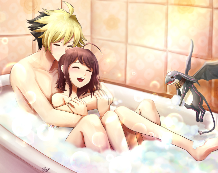 1boy, 1girl, bath, bathing, bathroom, bathtub, blonde_hair, breasts, breasts_squeezed_together, brown_hair, bubble, closed_eyes, completely_nude, couple, feet_up, happy, height_difference, hetero, highres, hug, hug_from_behind, kido_hyde, kiss, kissing_forehead, legs, light_brown_hair, linne_(under_night_in-birth), mixed-sex_bathing, nude, open_mouth, pet, shared_bathing, short_hair, small_breasts, smile, thighs, under_night_in-birth