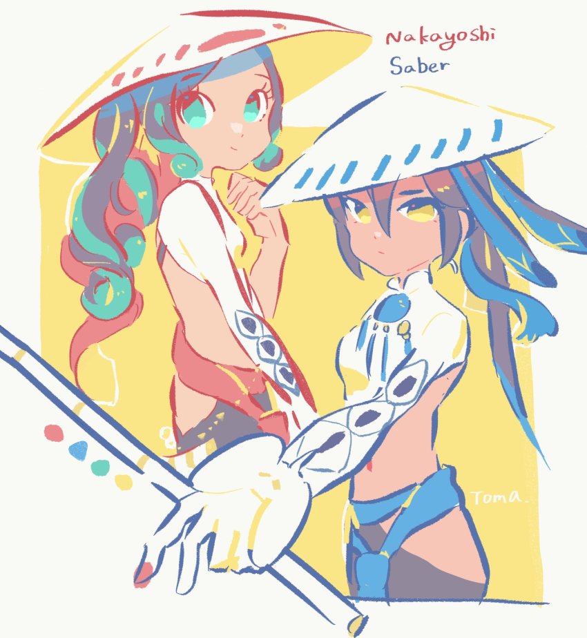 2girls, ao_dai, black_hair, black_skin, blouse, colored_skin, dark-skinned_female, dark_skin