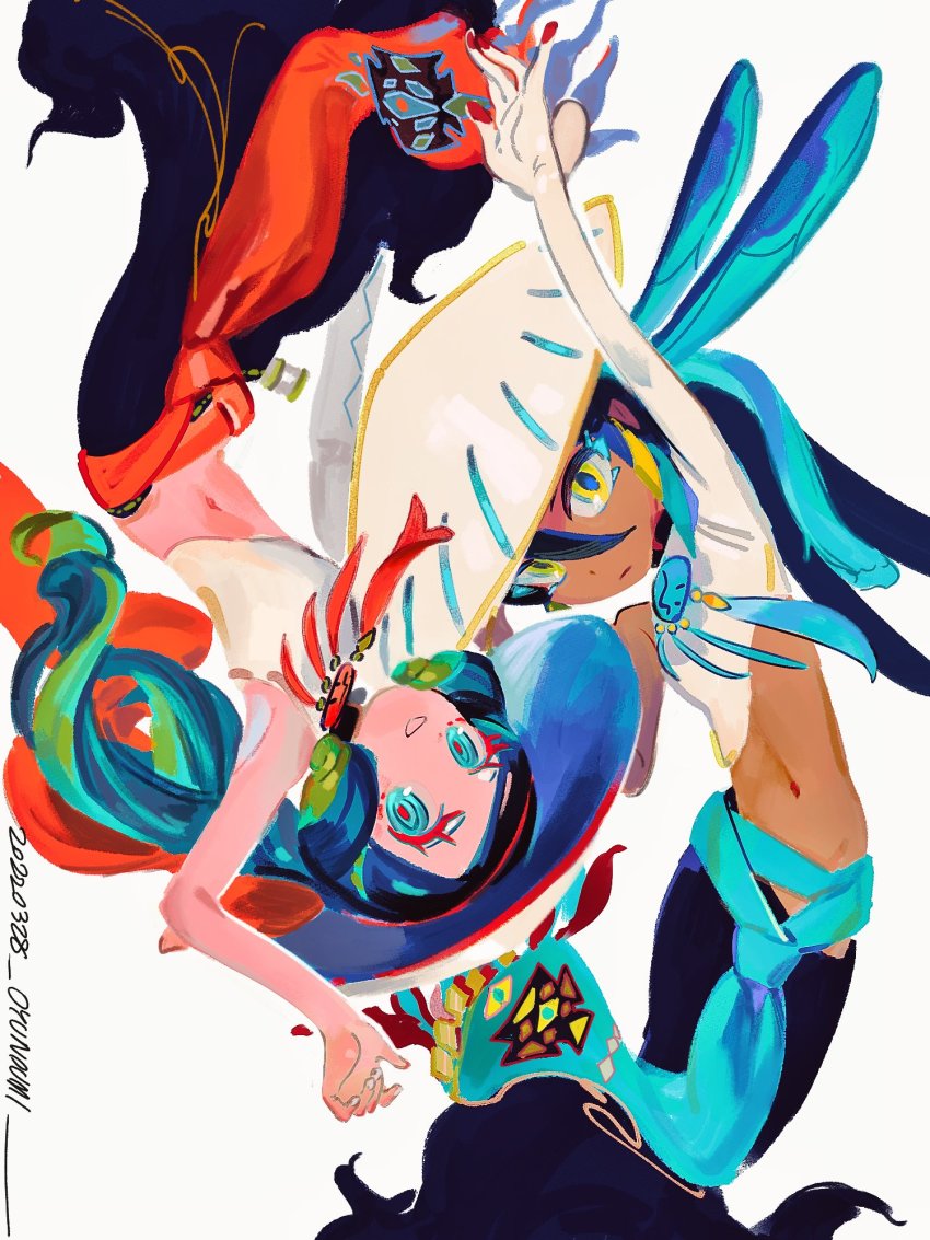 2girls, ao_dai, black_hair, black_skin, blouse, colored_skin, dark-skinned_female, dark_skin