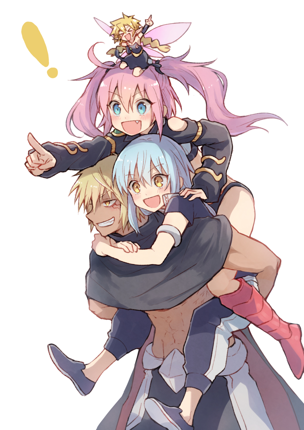 !, >_<, 1boy, 1other, 2girls, :d, abs, ahoge