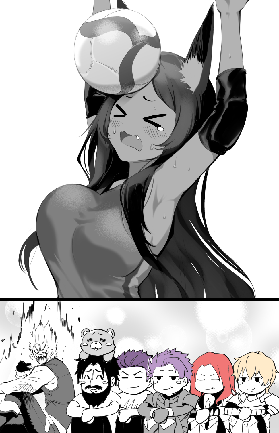 >_<, 1girl, 6+boys, animal_ears, armor, armpits, arms_up, ball