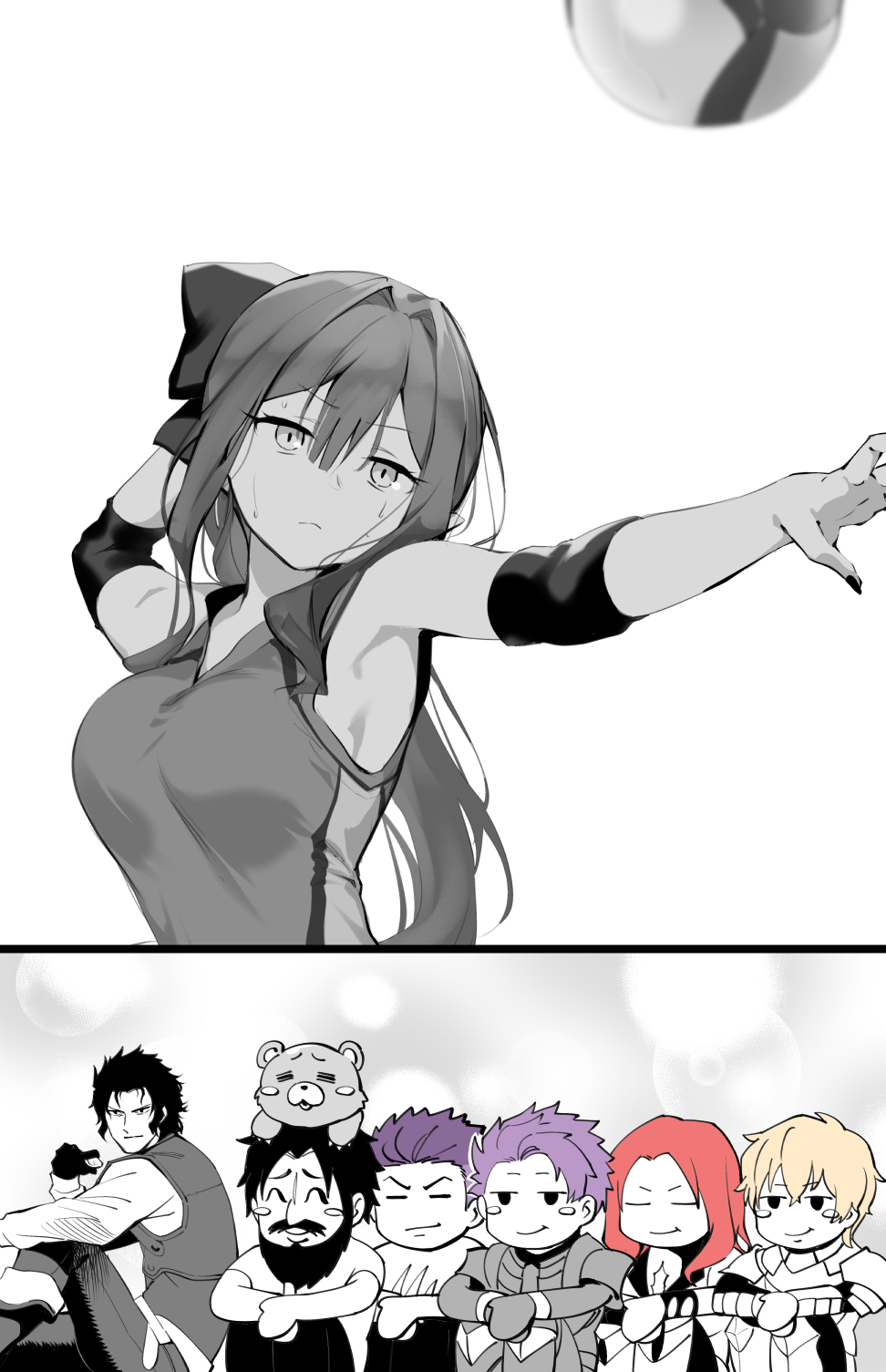 1girl, 6+boys, armor, armpits, ball, baobhan_sith_(fate), bare_shoulders, beard