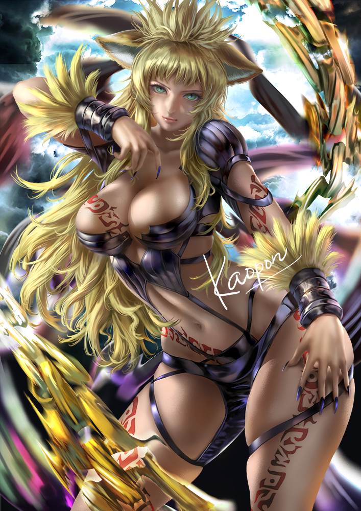1girl, animal_ears, aqua_eyes, blonde_hair, body_markings, bracelet, breasts, chain, closed_mouth, commission, contrapposto, eternal_wheel, fingernails, jewelry, kaopon, large_breasts, light_smile, long_fingernails, long_hair, looking_at_viewer, motion_blur, nail_polish, navel, purple_nails, revealing_clothes, shoulder_pads, skeb_commission, skindentation, solo, very_long_hair