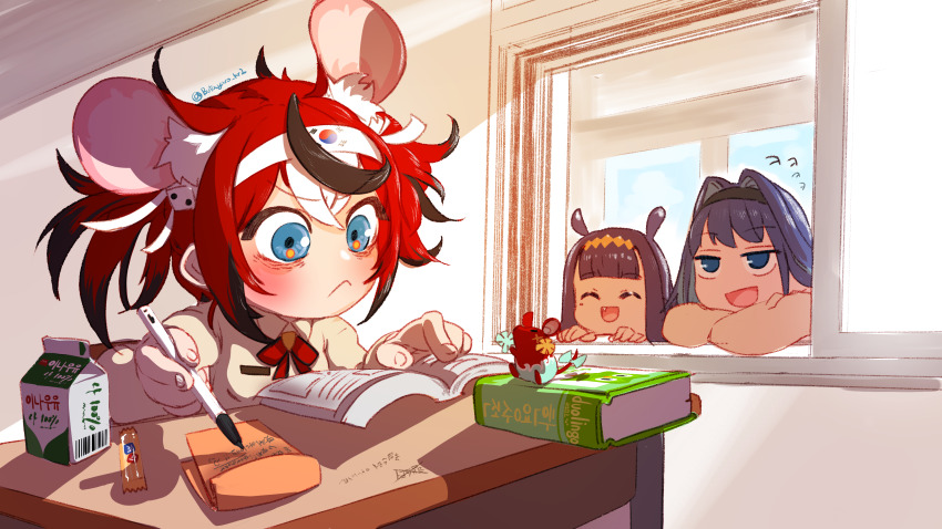 3girls, :<, :d, ^_^, absurdres, animal_ear_fluff, animal_ears, bags_under_eyes