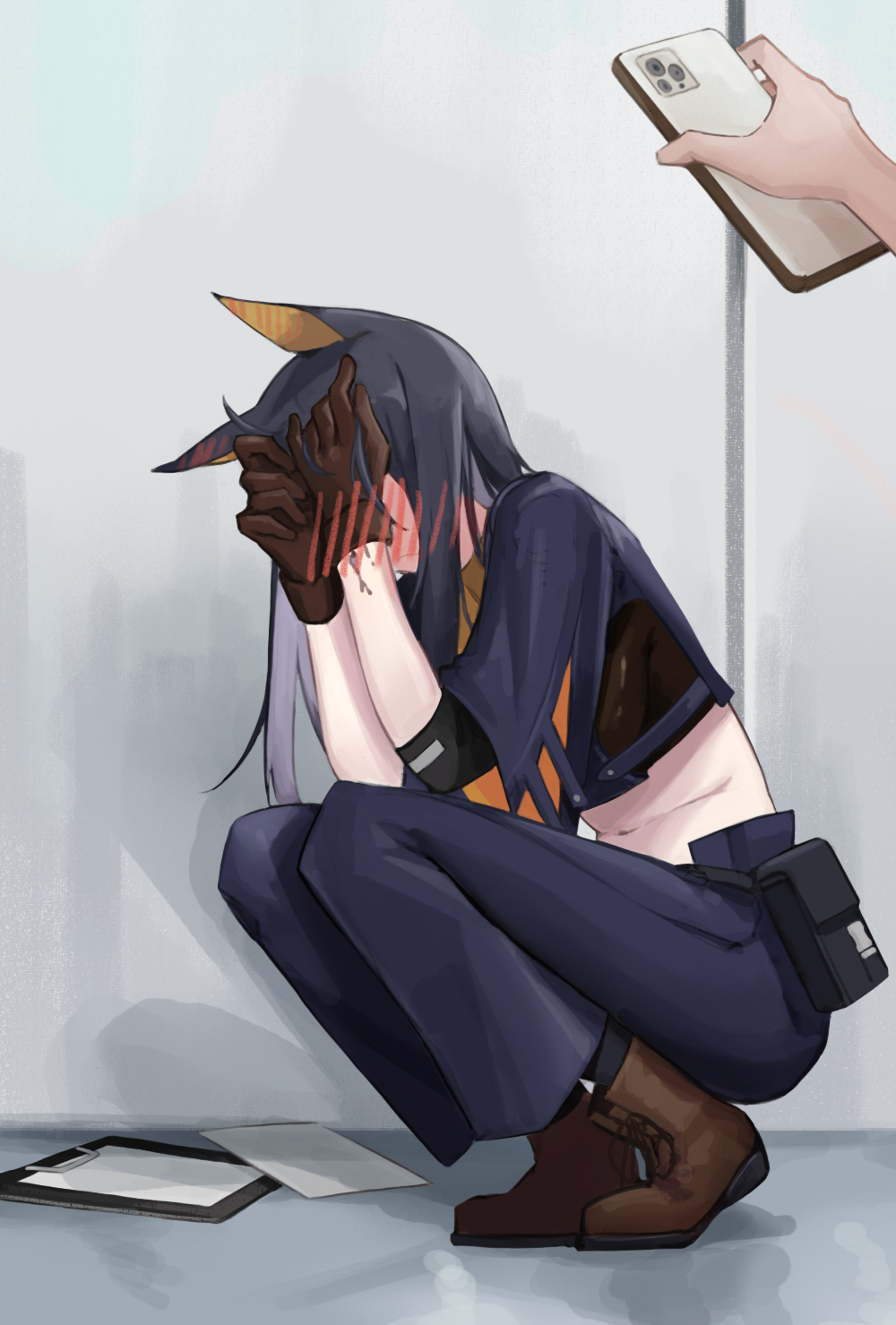 1girl, animal_ears, arknights, black_hair, black_pants, blush, boots, breasts