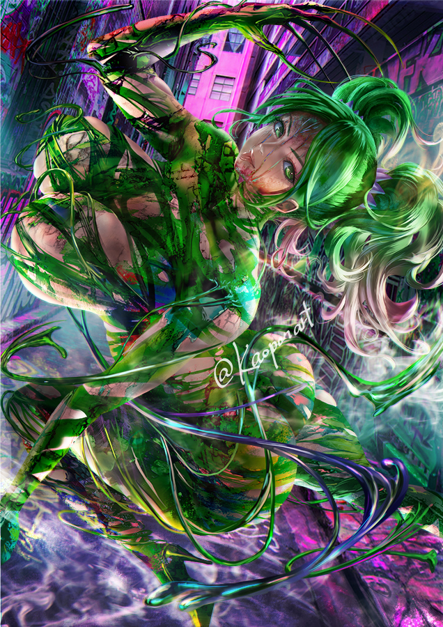 1girl, ass, breasts, city, commission, fingernails, fortnite, green_eyes, green_hair, hair_ornament, high_heels, huge_breasts, kaopon, living_clothes, long_fingernails, looking_at_viewer, skeb_commission, slime_(substance), solo, symbiote, tongue, tongue_out, twintails, zoey_(fortnite)
