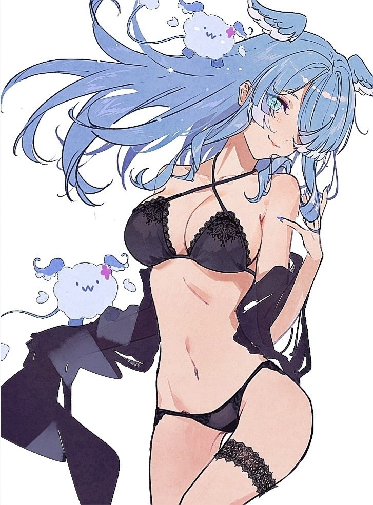1girl, black_bra, black_panties, black_scarf, blue_eyes, blue_hair, bra, breasts