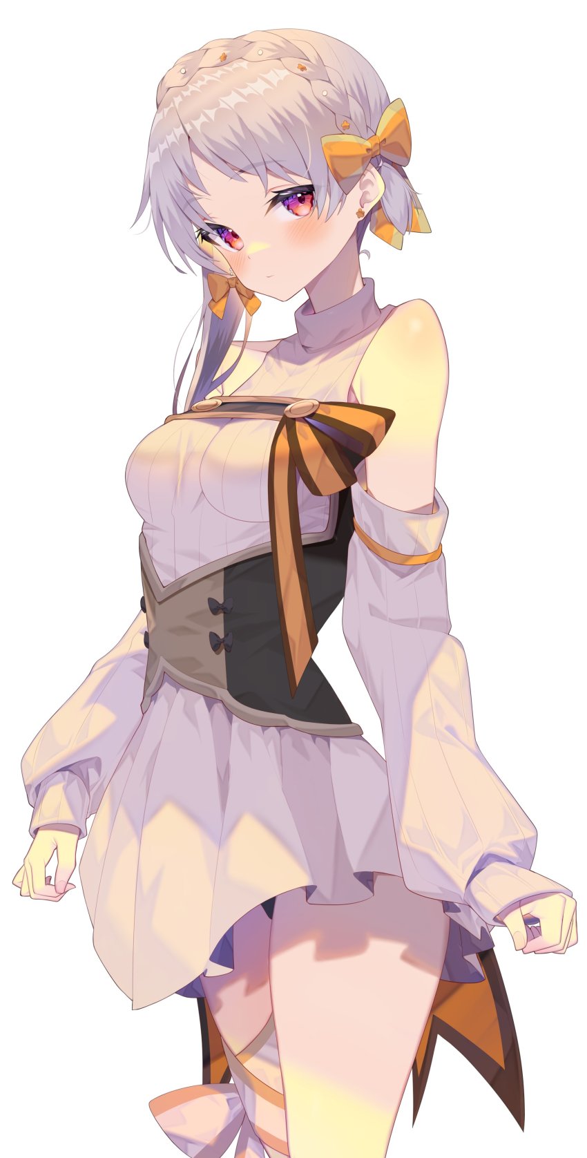 absurdres, blush, braid, dress, hanataba_yuiha, highres, indie_virtual_youtuber, jun_(aousa0328), leg_ribbon, looking_at_viewer, ribbon, simple_background, thigh_ribbon, turtleneck, turtleneck_dress, virtual_youtuber, white_background, white_hair