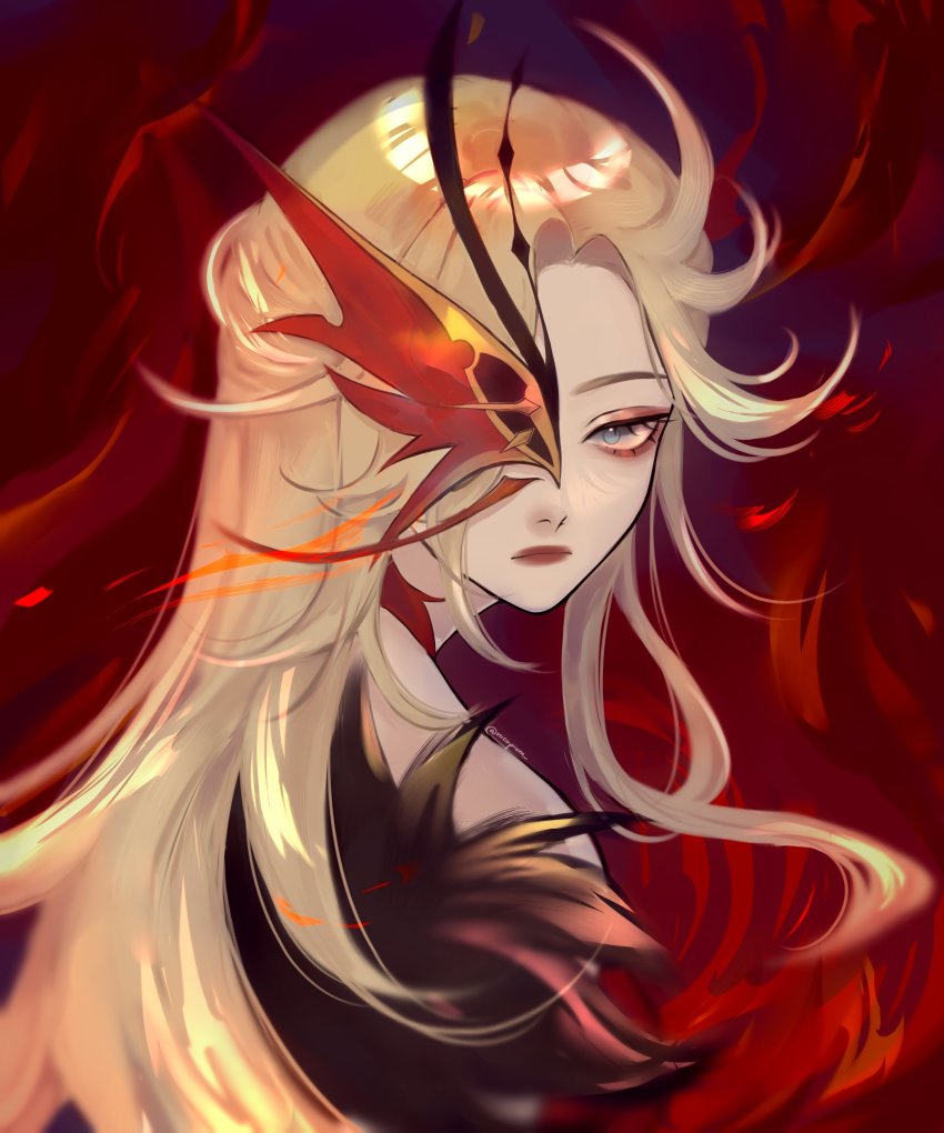 1girl, absurdres, black_mask, blonde_hair, blue_eyes, commentary, english_commentary, eyeshadow, genshin_impact, half_mask, highres, long_hair, makeup, mask, mask_over_one_eye, nico_(yuuneii), one_eye_covered, red_eyeshadow, red_lips, signora_(crimson_witch_of_embers)_(genshin_impact), signora_(genshin_impact), solo