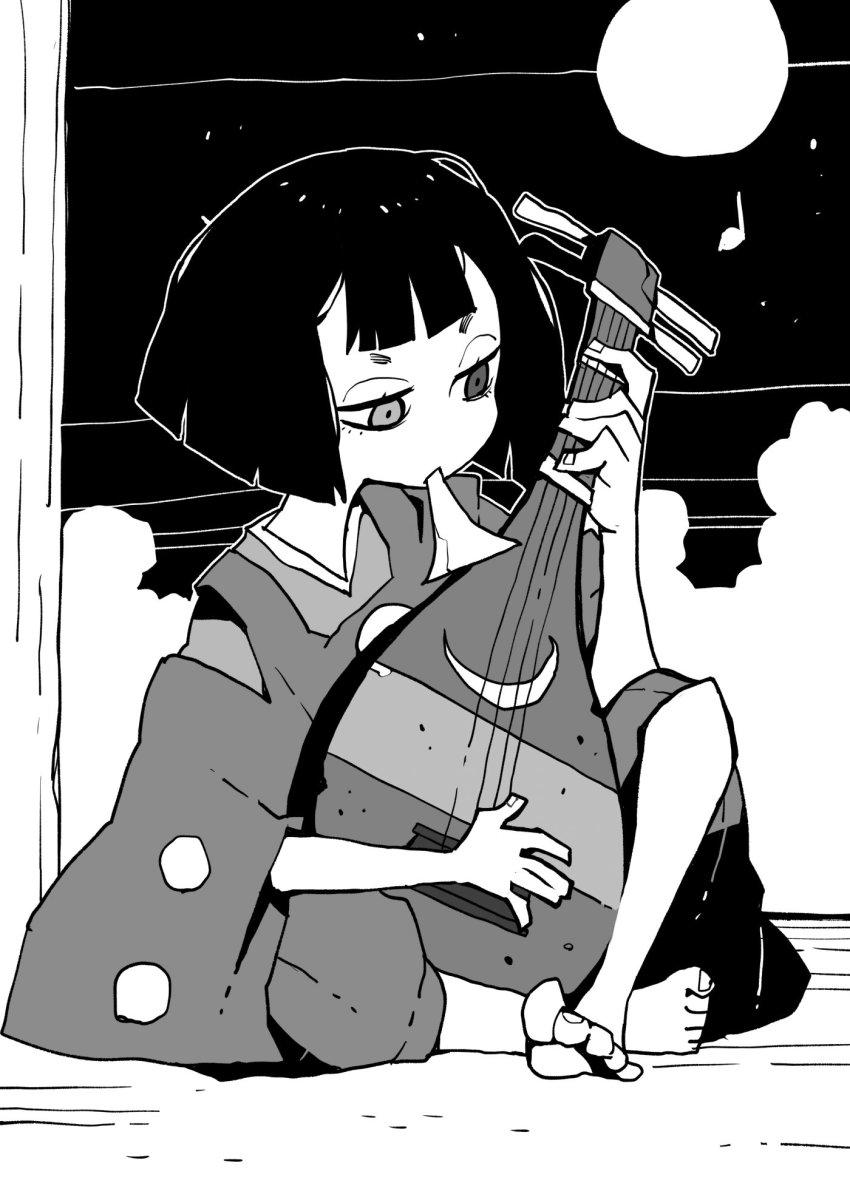 1girl, barefoot, biwa_(heike_monogatari), biwa_lute, blunt_bangs, bowl_cut, cloud, commentary, dowman_sayman, greyscale, heike_monogatari, heterochromia, highres, instrument, japanese_clothes, kimono, long_sleeves, lute_(instrument), monochrome, moon, mouth_hold, musical_note, night, plectrum, solo, wide_sleeves