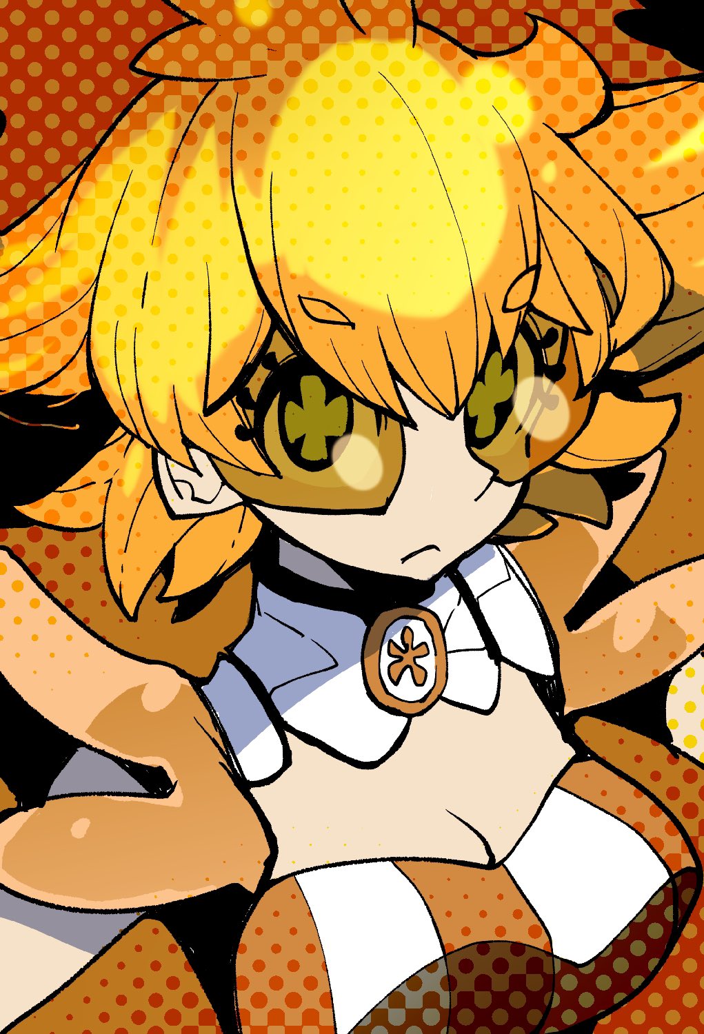 +_+, 1girl, blouse, breasts, cleavage, commentary_request, dowman_sayman, dress