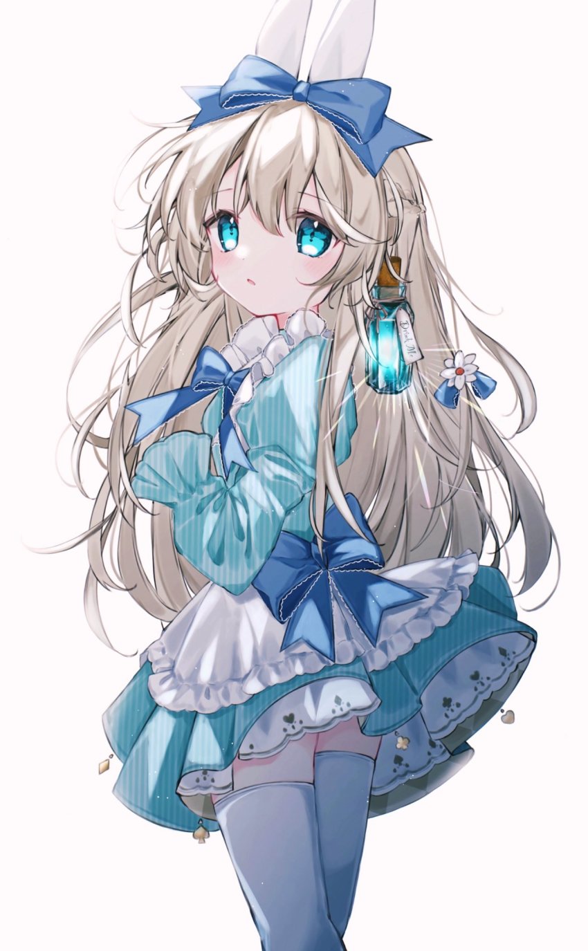 1girl, alice_(alice_in_wonderland), alice's_adventures_in_wonderland, animal_ears, apron, blonde_hair, blue_dress, blue_eyes, bottle, bow, dress, drink_me, fake_animal_ears, flower, from_behind, hair_bow, hair_flower, hair_ornament, highres, long_hair, looking_at_viewer, looking_back, rabbit_ears, ribbon, short_dress, solo, striped_clothes, striped_dress, thighhighs, thighs, white_apron, white_thighhighs, yuki_(yuki_no_42)