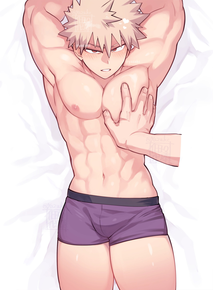 2boys, armpits, bakugou_katsuki, bara, bed, blonde_hair, blush, boku_no_hero_academia