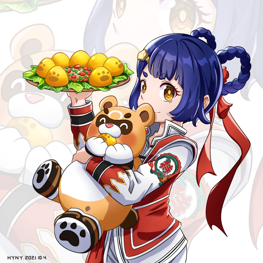 1girl, alternate_costume, animal, animal_hug, black_hair, blunt_bangs, bow, braid, brown_eyes, carrying, chinese_clothes, chuuka_ichiban!, commentary_request, cosplay, food, genshin_impact, guoba_(genshin_impact), hair_bow, hair_ornament, hair_ribbon, hairclip, highres, hug, hyny, long_hair, long_sleeves, looking_at_viewer, mao_(chuuka_ichiban), mao_(chuuka_ichiban)_(cosplay), plate, red_panda, ribbon, sidelocks, simple_background, thick_eyebrows, trait_connection, twin_braids, vest, xiangling_(genshin_impact), zoom_layer