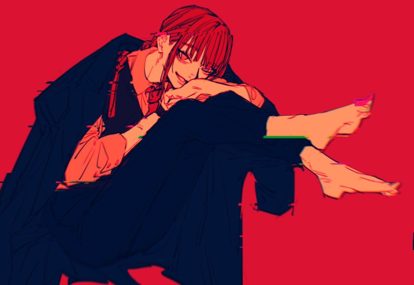 1girl, black_pants, black_suit, chainsaw_man, crossed_legs, feet, flat_color, formal_clothes