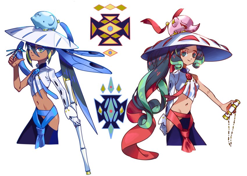 2girls, black_hair, black_skin, blouse, colored_skin, crop_top, dark-skinned_female, dark_skin