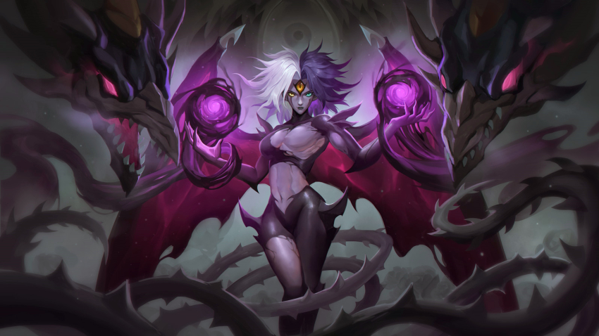 1other, breasts, demon, dragon, duel_monster, energy_ball, feet_out_of_frame, green_eyes, heterochromia, highres, magic, midriff, multicolored_hair, multiple_persona, navel, orange_eyes, pectorals, purple_hair, sharp_teeth, short_hair, sihai_(wsskdywe), solo, split-color_hair, teeth, third_eye, thorns, two-tone_hair, white_hair, wide_hips, wings, yellow_eyes, yu-gi-oh!, yubel, yubel_-_terror_incarnate