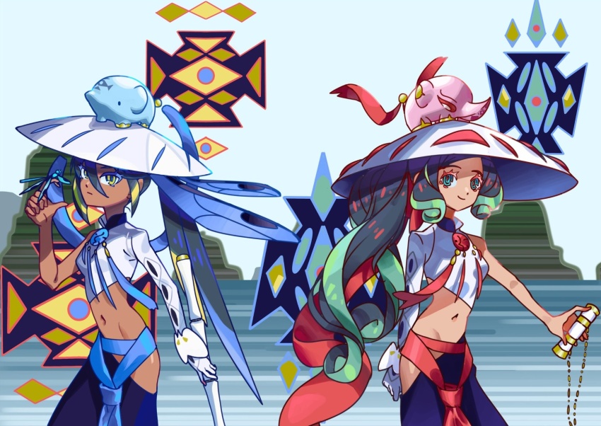 2girls, black_hair, black_skin, colored_skin, crop_top, dark-skinned_female, dark_skin, elephant