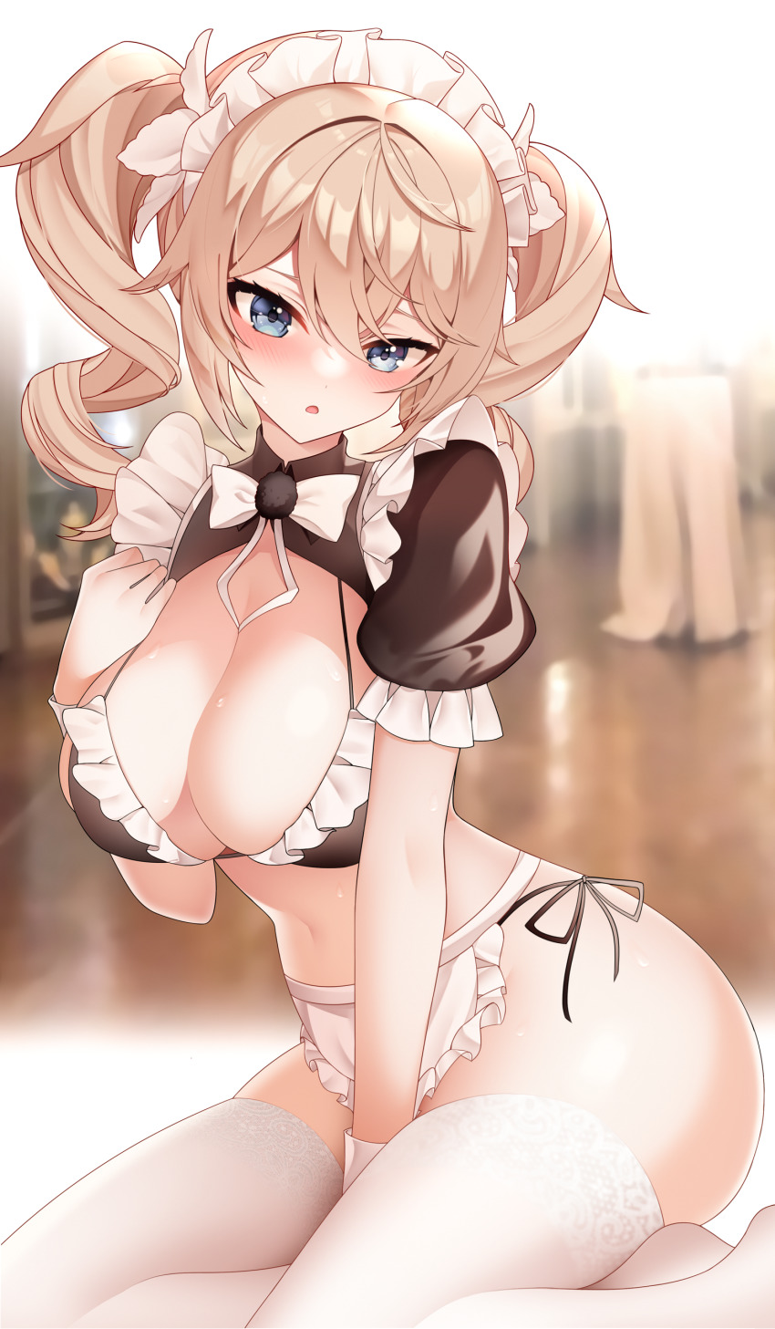1girl, :o, absurdres, alternate_breast_size, apron, arigatoure, barbara_(genshin_impact), black_bra, blonde_hair, blue_eyes, blush, bra, breasts, cleavage, commentary_request, drill_hair, frilled_apron, frilled_bra, frills, genshin_impact, highres, large_breasts, looking_at_viewer, maid, maid_apron, maid_headdress, puffy_short_sleeves, puffy_sleeves, revealing_clothes, short_apron, short_sleeves, sitting, skindentation, solo, sushimo, thighhighs, twintails, underwear, white_thighhighs, yokozuwari