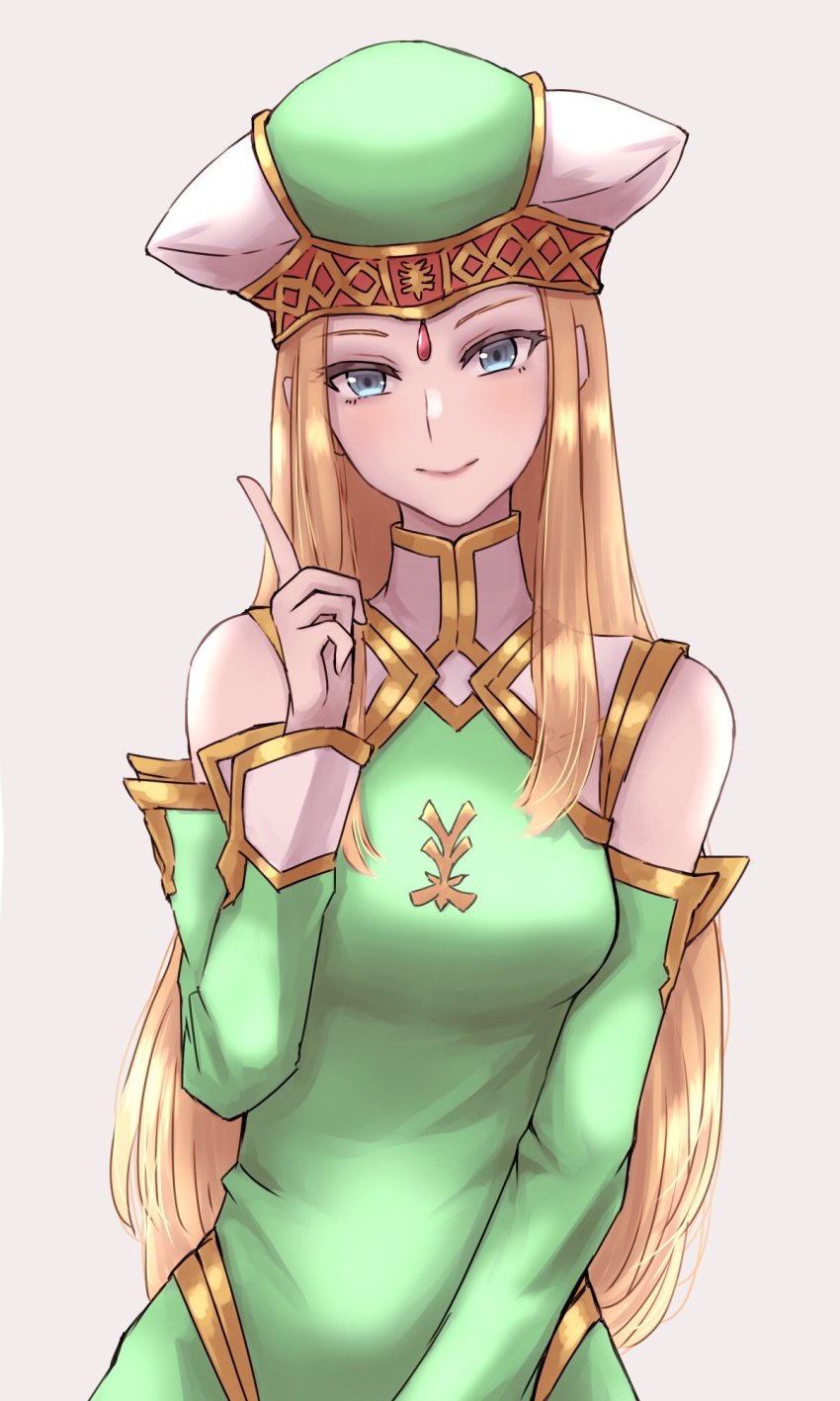 1girl, blonde_hair, blue_eyes, detached_sleeves, freya_(valkyrie_profile), gem, gold_trim, hat