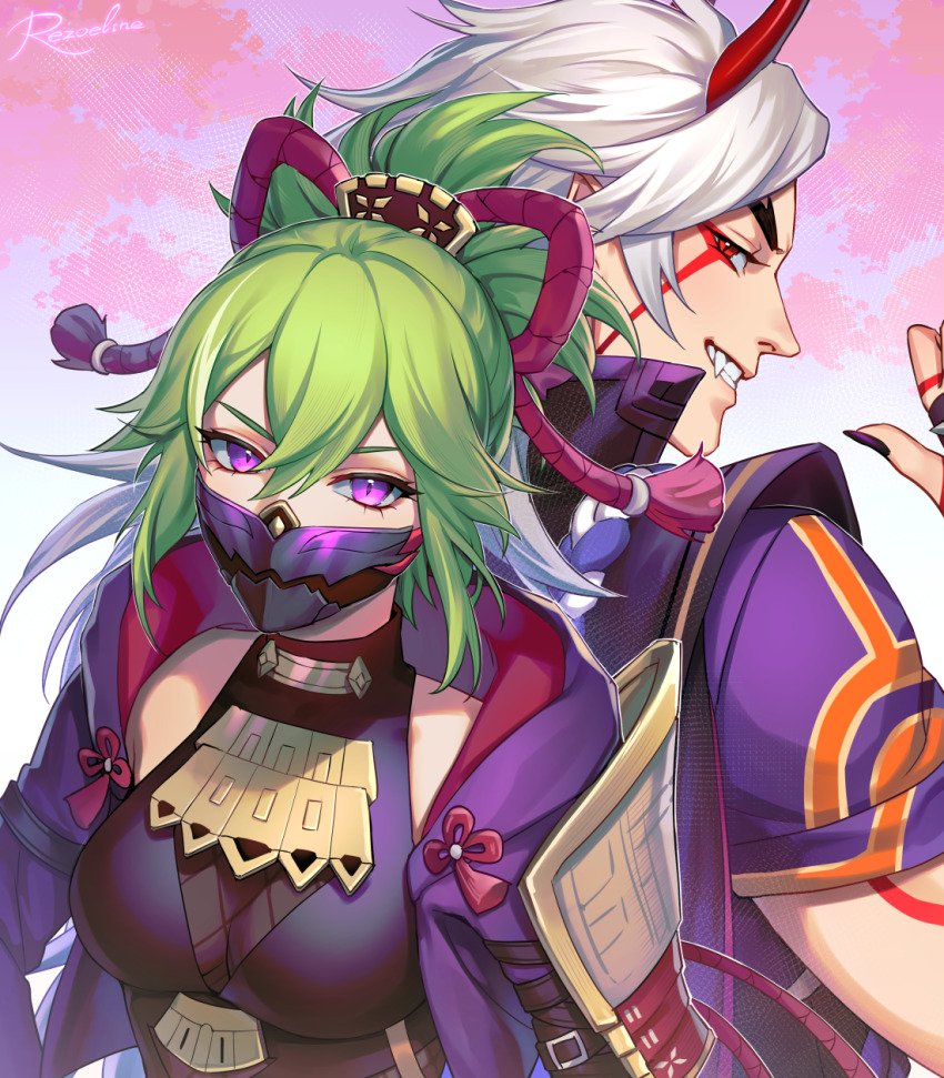 1boy, 1girl, arataki_itto, back-to-back, black_mask, black_nails, breasts, facial_mark