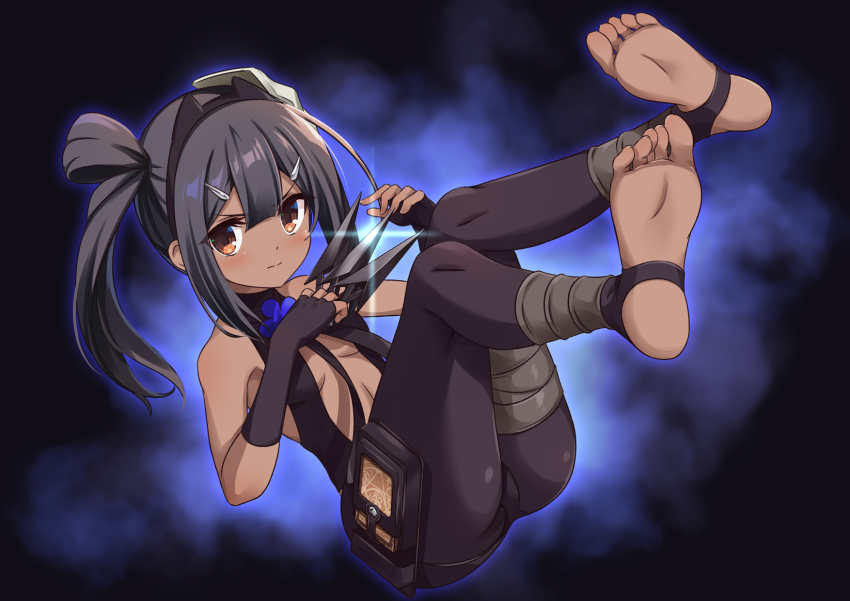 1girl, bare_shoulders, between_fingers, black_background, black_gloves, black_hair, black_hairband, black_pantyhose, breasts, brown_eyes, center_opening, commentary, cosplay, dark-skinned_female, dark_skin, fate/kaleid_liner_prisma_illya, fate/prototype, fate/prototype:_fragments_of_blue_and_silver, fate_(series), feet, fingerless_gloves, foot_focus, full_body, gloves, hair_between_eyes, hair_ornament, hairband, hairclip, hassan_of_serenity_(fate), hassan_of_serenity_(fate)_(cosplay), highres, holding, holster, kunai, looking_at_viewer, miyu_edelfelt, miyu_edelfelt_(assassin_install), morokoshi_(tekku), pantyhose, simple_background, small_breasts, soles, solo, stirrup_legwear, thigh_holster, toeless_legwear, toes, weapon