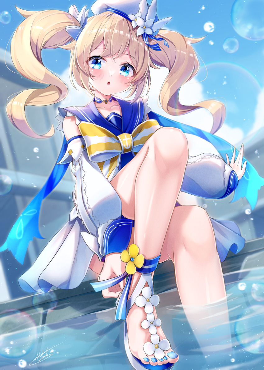 1girl, :o, absurdres, barbara_(genshin_impact), barbara_(summertime_sparkle)_(genshin_impact), blonde_hair, blue_eyes, blue_sky