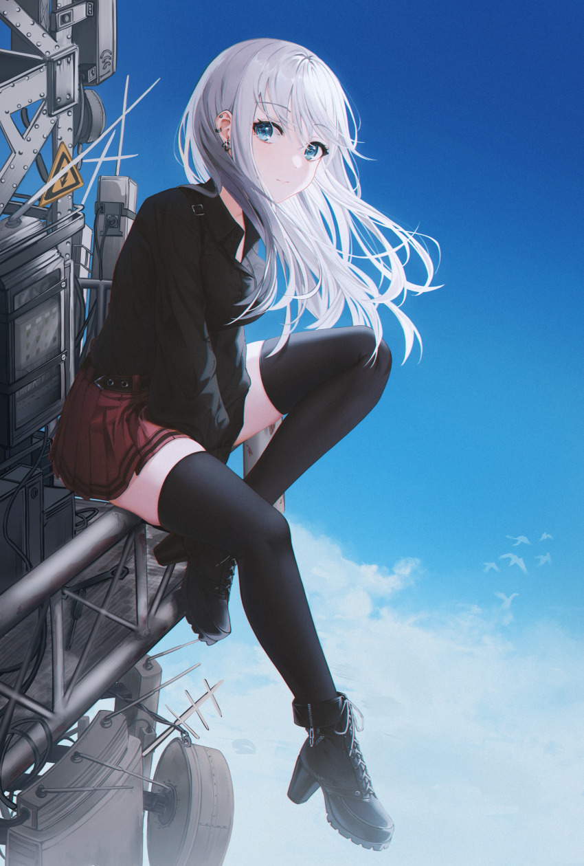 1girl, absurdres, antenna_mast, antennae, backlighting, belt, between_legs, bird
