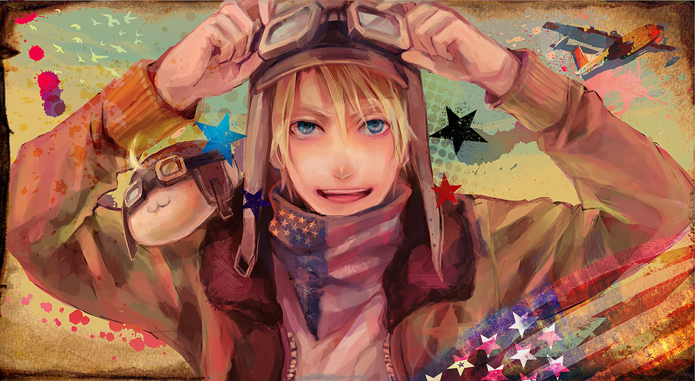 1boy, :3, aircraft, airplane, america_(hetalia), american_flag, aviator_cap, axis_powers_hetalia
