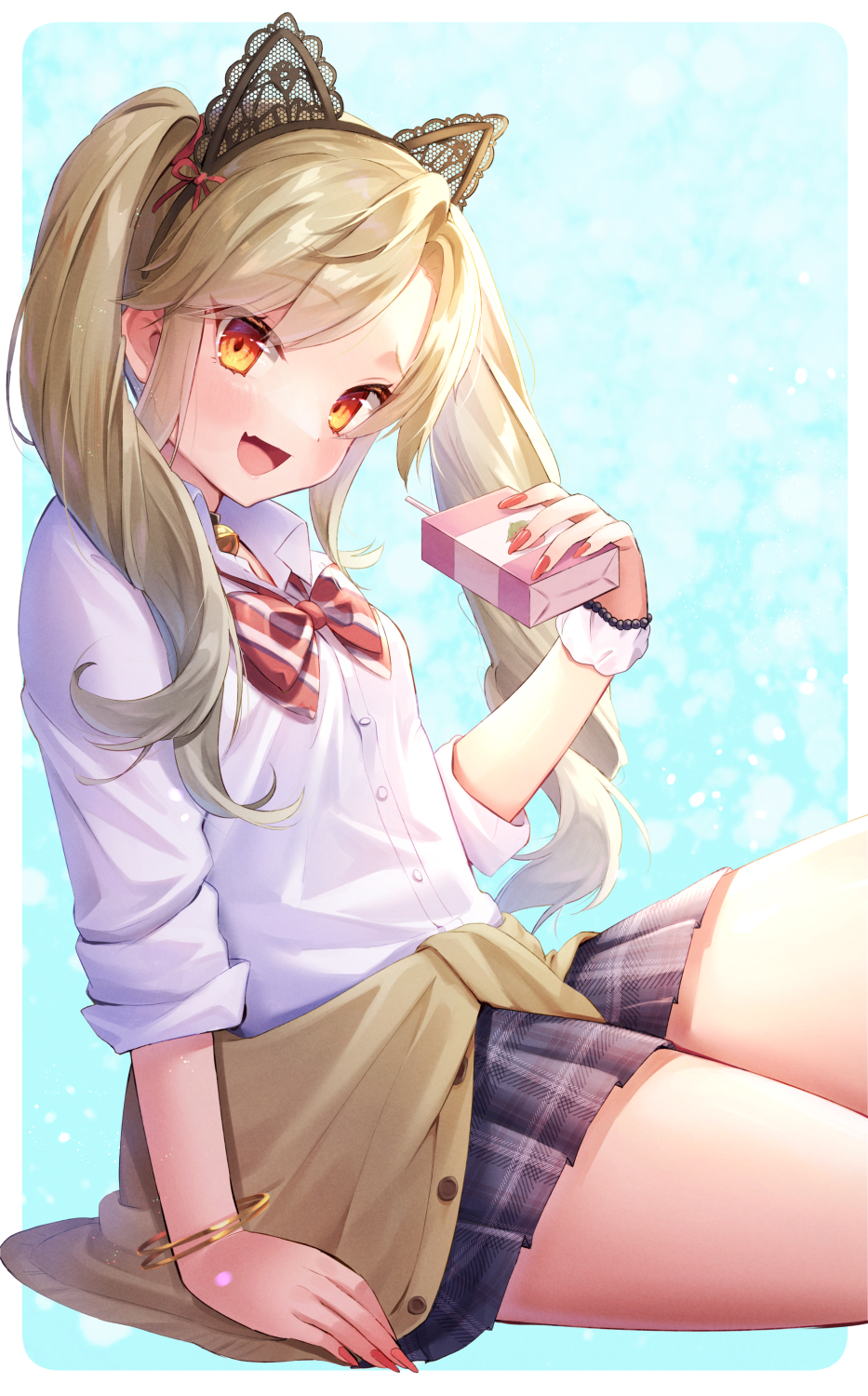 1girl, animal_ears, arm_at_side, arm_support, bangle, bell, between_legs, black_skirt, blonde_hair, blue_background, blush, border, bow, bowtie, bracelet, cardigan, cardigan_around_waist, cat_ears, character_request, clothes_around_waist, collared_shirt, cowboy_shot, dress_shirt, drink, drink_carton, drinking_straw, fake_animal_ears, fang, fingernails, from_side, hair_over_shoulder, hair_ribbon, hairband, highres, holding, holding_drink, jewelry, jingle_bell, juice_box, kaniku, lace, long_fingernails, long_hair, long_sleeves, miniskirt, nail_polish, neck_bell, open_mouth, orange_eyes, outside_border, plaid_clothes, plaid_skirt, pleated_skirt, red_bow, red_bowtie, red_nails, red_ribbon, ribbon, school_uniform, shadow_alice_(wonderland_wars), shirt, sitting, skin_fang, skirt, sleeves_rolled_up, solo, striped_bow, striped_bowtie, striped_clothes, twintails, white_border, white_shirt, wonderland_wars, wrist_cuffs