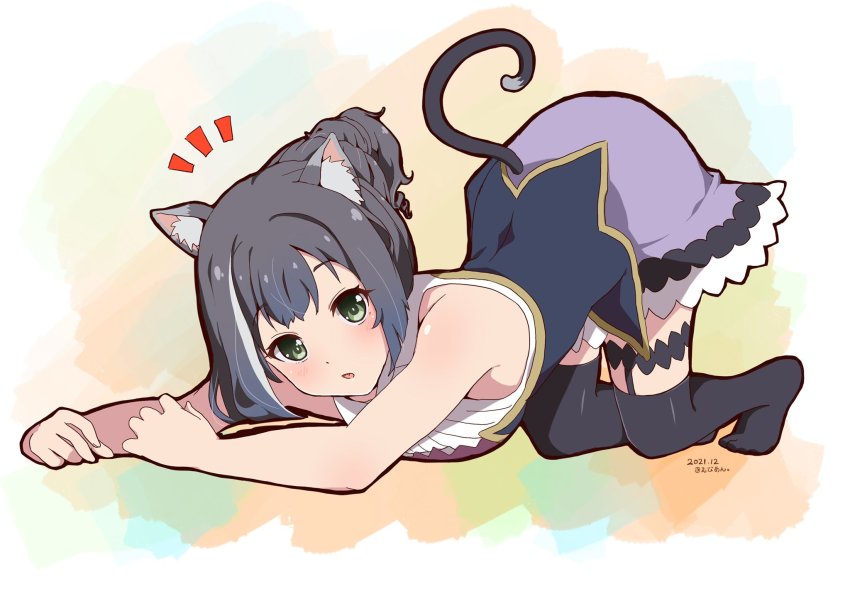 1girl, animal_ear_fluff, animal_ears, bare_arms, black_hair, black_thighhighs, cat_ears, cat_girl, cat_tail, corset, dated, ebian_(ebiangames), fang, full_body, green_eyes, hair_bun, highres, karyl_(princess_connect!), looking_at_viewer, no_shoes, notice_lines, open_mouth, princess_connect!, purple_skirt, shirt, single_hair_bun, skirt, sleeveless, sleeveless_shirt, solo, tail, thighhighs, top-down_bottom-up, twitter_username, white_shirt
