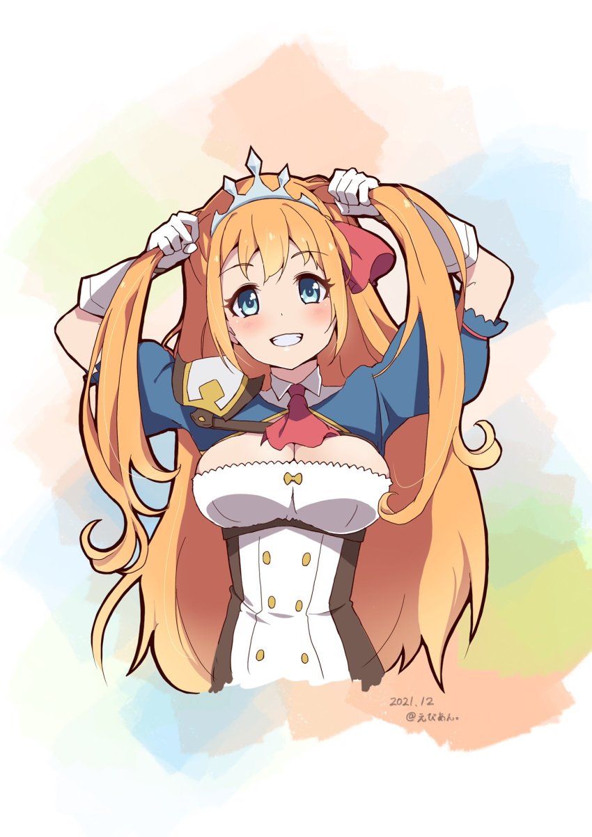 1girl, arms_up, ascot, bag, blonde_hair, blue_eyes, blush, breasts