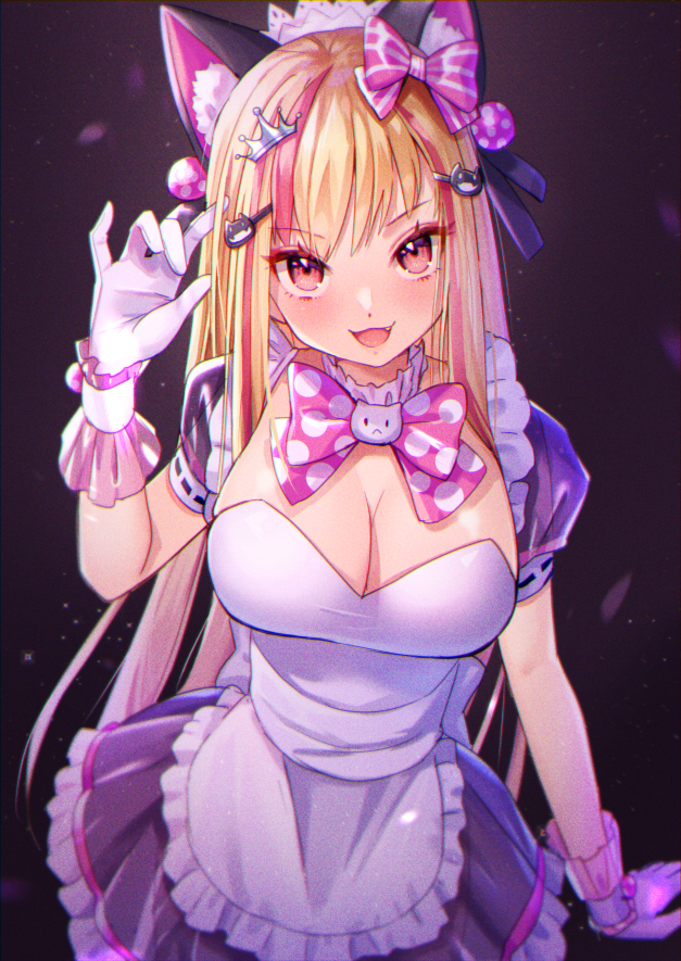 1girl, :d, animal_ear_fluff, animal_ears, apron, arm_at_side, beatmania_iidx, beatmania_iidx_19_lincle, bemani, black_background, black_ribbon, blurry, bow, bowtie, bracelet, breasts, cat, cat_ears, cat_hair_ornament, cleavage, commentary, cowboy_shot, crown_hair_ornament, depth_of_field, detached_collar, dress, fang, frilled_apron, frilled_dress, frilled_gloves, frills, gloves, hair_bow, hair_ornament, hair_ribbon, hairclip, hand_in_own_hair, hand_up, jewelry, kaniku, lace_trim, large_breasts, long_hair, maid_headdress, multicolored_hair, open_mouth, pink_bow, pink_bowtie, polka_dot_bow, polka_dot_bowtie, puffy_short_sleeves, puffy_sleeves, red_eyes, red_hair, ribbon, ribbon-trimmed_sleeves, ribbon_trim, short_dress, short_sleeves, simple_background, smile, solo, straight_hair, streaked_hair, striped_bow, untranslatable_commentary, the_knee_socks_princess_of_glass, very_long_hair, waist_apron, white_apron, white_gloves, wrist_ribbon