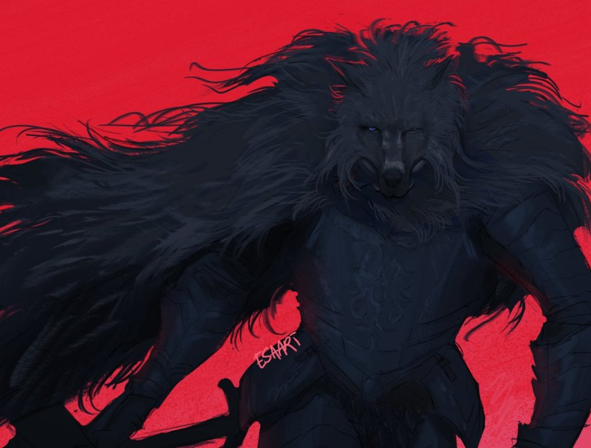 1boy, animal_head, armor, blaidd_the_half-wolf, breastplate, cloak, elden_ring, esaart, fur_cloak, gauntlets, looking_at_viewer, male_focus, purple_eyes, red_background, signature, solo, standing