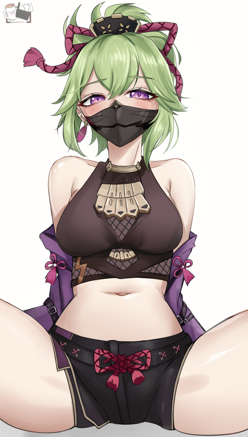 1girl, absurdres, bare_shoulders, black_mask, black_shorts, blush, breasts, covered_mouth, crop_top, detached_sleeves, drawstring, earrings, fishnets, genshin_impact, green_hair, hair_ornament, highres, jewelry, kuki_shinobu, looking_at_viewer, mask, mouth_mask, navel, ninja_mask, off_shoulder, ponytail, purple_eyes, shinoillust, shorts, simple_background, sitting, solo, spread_legs, tassel, tassel_earrings, white_background
